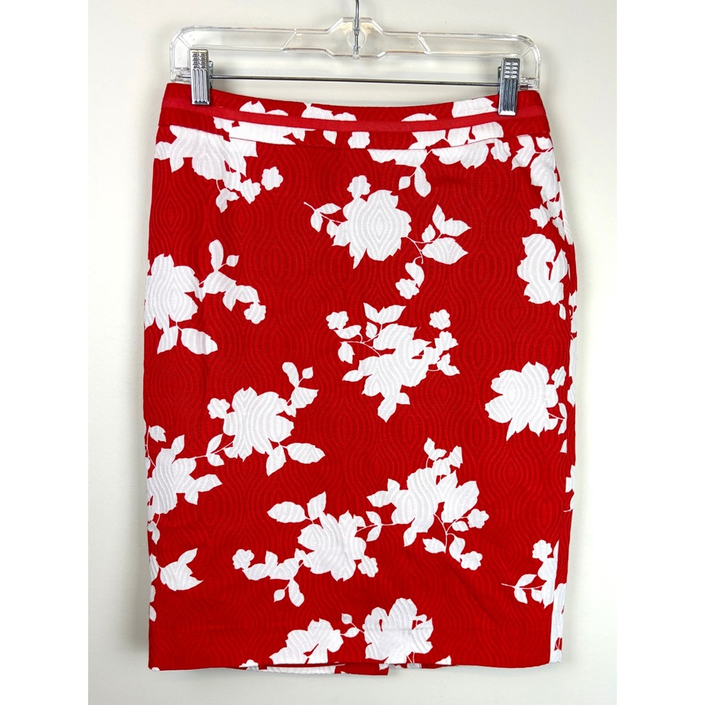 Talbots Pencil Skirt 2 Red White Floral Jacquard Lined Classic Career Slit